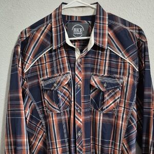 BKE Navy and Orange Plaid Shirt